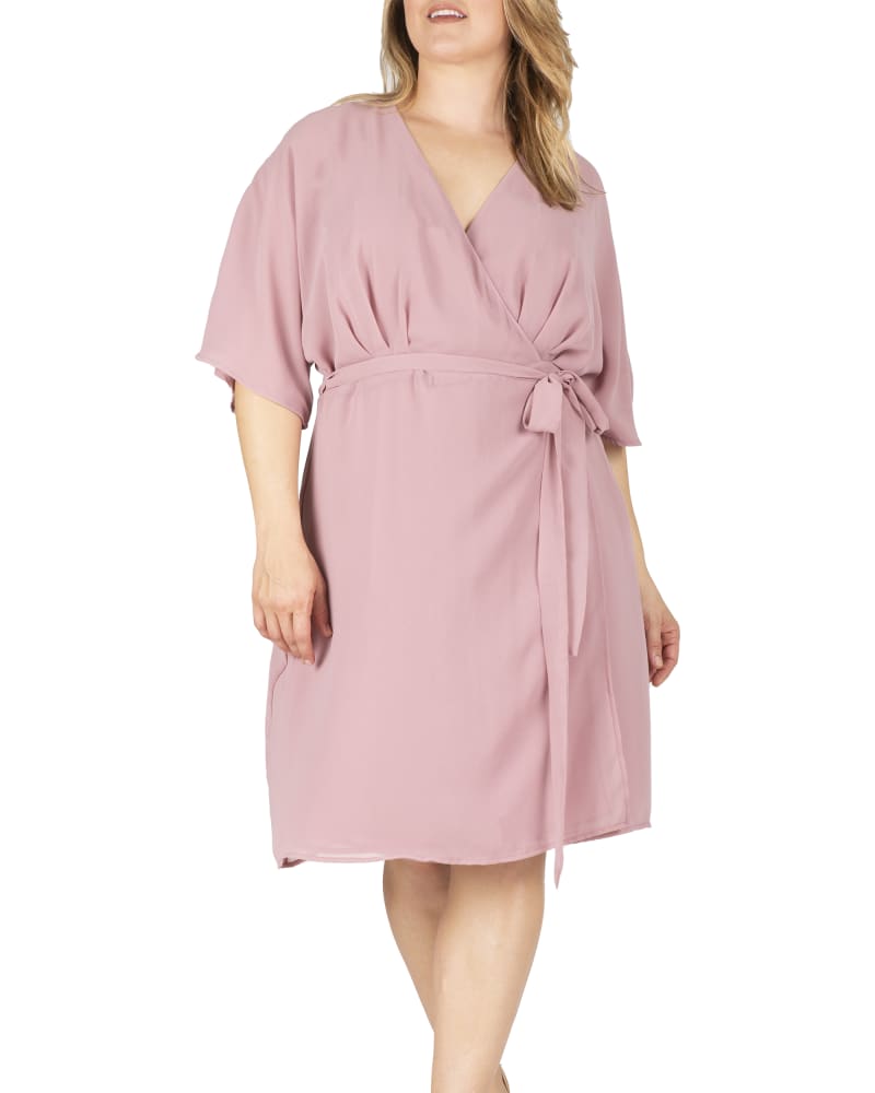 Front of a model wearing a size 1X Caroline V-Neck Kimono Wrap Midi Dress in Mauve by Standards & Practices. | dia_product_style_image_id:238806
